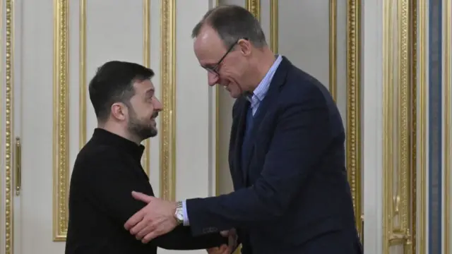 Zelensky shakes hands with Merz during their meeting in Kyiv on December 9, 2024