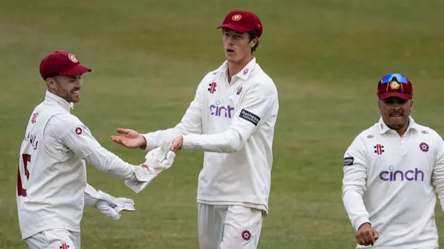Northants celebrate the final wicket of the match