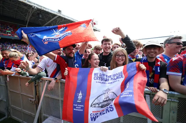 Fans of Crystal Palace gather inside Selhurst Park following the FA Cup trophy parade
