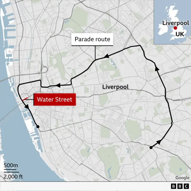 Map showing parade route and location of Water Street.