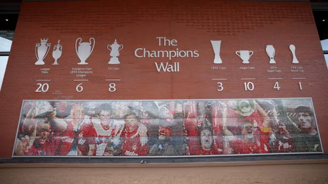 The Champions Wall at Anfield, showing the number of trophies LIverpool have won over the years