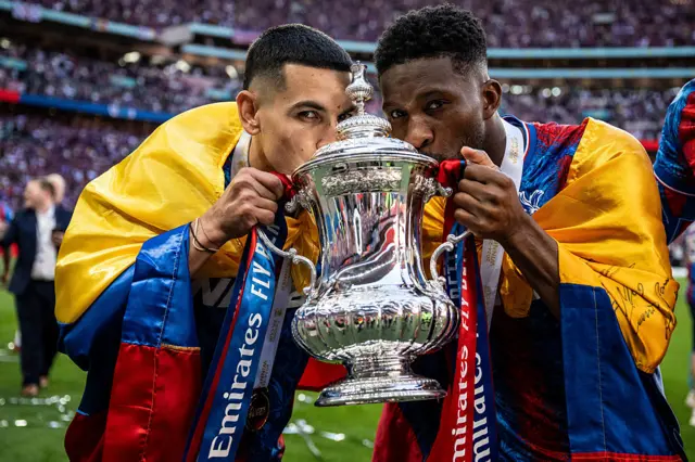 Daniel Munoz and Jefferson Lerma of Crystal Palace celebrate with the trophy during the the Emirates FA Cup Final