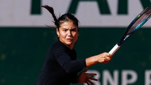 Emma Raducanu of Great Britain practices before the start of Roland Garros
