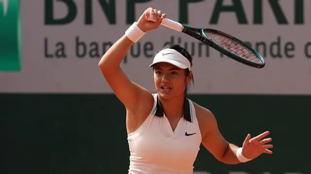 Emma Raducanu plays a forehand