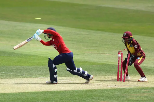 England's Danni Wyatt-Hodge (left) is bowled out by West Indies' Zaida James (not pictured) during the Third Women's International T20 match at The Cloud County Ground, Chelmsford