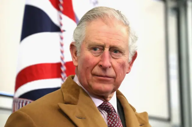 King Charles wearing a camel coat stood in front of the British flag