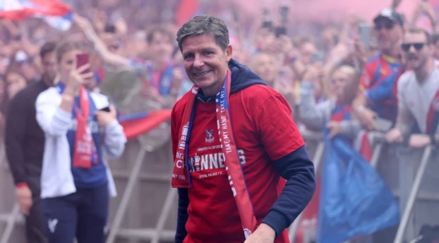 Crystal Palace manager Oliver Glasner during the Victory celebrations after winning the FA Cup