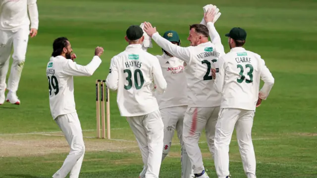 Notts players celebrate a fourth win of campaign