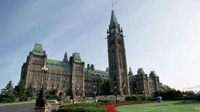 Canadian Parliament, with the Canadian flag flying from the watch tower