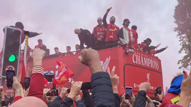 Liverpool players on parade bus