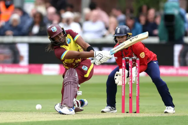 West Indies' Hayley Matthews in action during the Third Women's International T20 match at The Cloud County Ground, Chelmsford