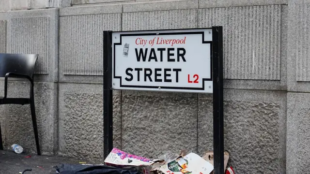 Water Street sign with debris underneath it