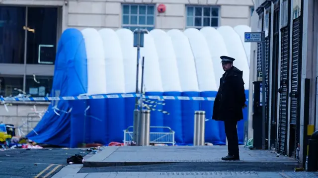 An inflatable field tent at the scene in Water Street near the Liver Building in Liverpool city centre after a 53-year-old white British man was arrested when a car ploughed into a crowd of people during Liverpool FC's Premier League victory parade