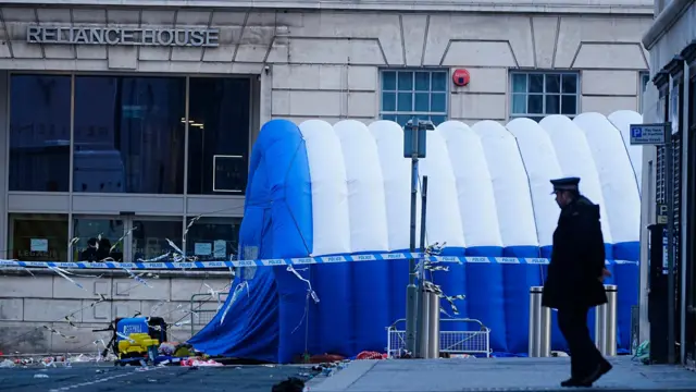 An inflatable field tent at the scene in Water Street near the Liver Building in Liverpool city centre after a 53-year-old white British man was arrested when a car ploughed into a crowd of people during Liverpool FC's Premier League victory parade.