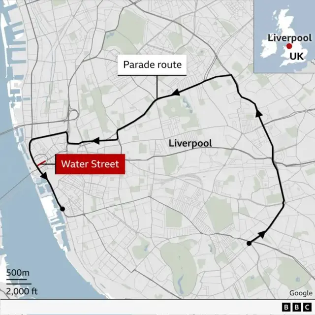 Map showing parade route and location of Water Street.