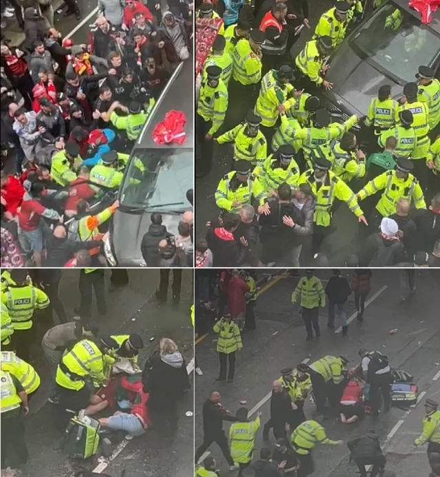 The video shows the suspected driver taken away, while the crowd and emergency workers try to help the injured
