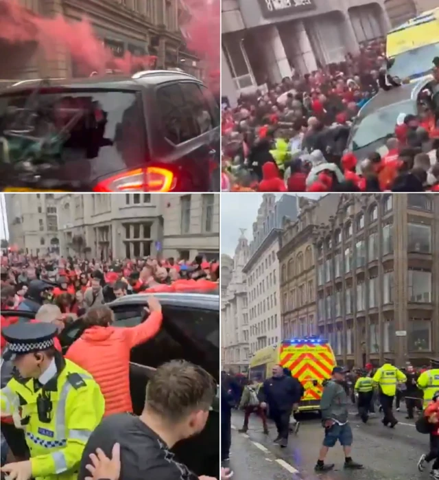 A compilation image shows scenes of the incident in Liverpool yesterday; police can be seen and people can be seen banging on the window of a car.
