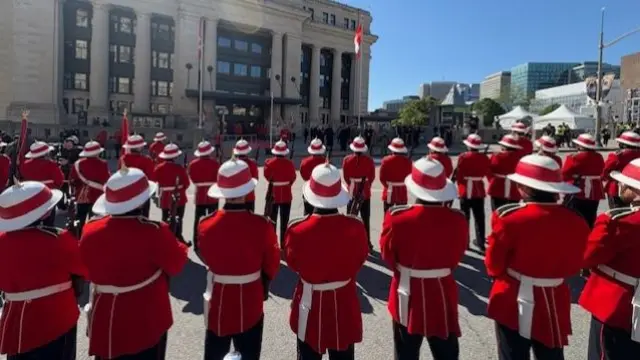 100-person guard of honour from the 3rd Battalion, Royal Canadian Regiment have assembled outside the Senate