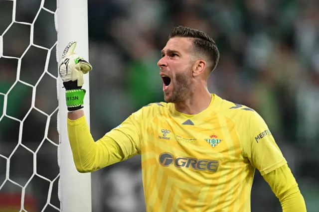 Adrian of Real Betis celebrates after team mate Abde Ezzalzouli (not pictured) scores