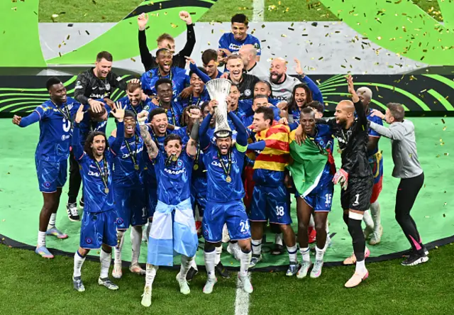 Reece James of Chelsea lifts the UEFA Conference League trophy