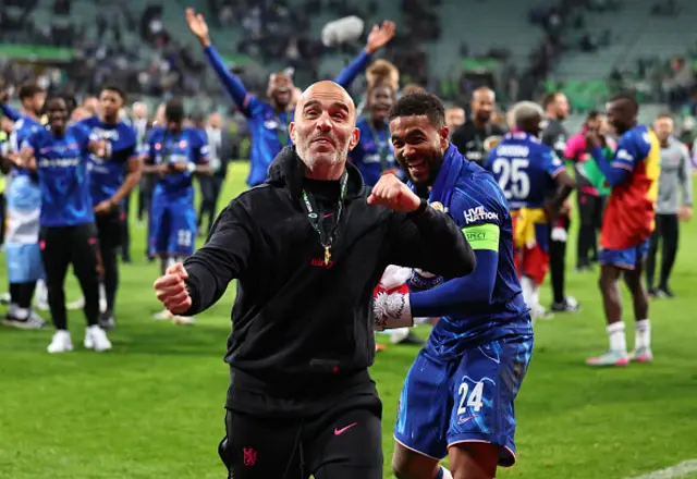 Enzo Maresca manager / head coach of Chelsea celebrates