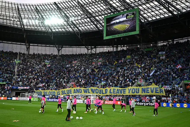 A general view as fans of Chelsea display a banner reading "Our blood is blue and we would leave you never"