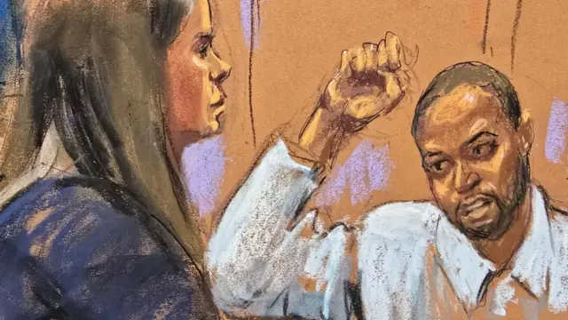 A court sketch of Nash, wearing a white shirt, testifying in court - holding up a hand in gesture