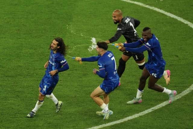 Chelsea's Marc Cucurella, Pedro Neto, Robert Sanchez and Nicolas Jackson celebrate after winning the Conference League