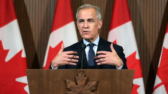 Mark Carney speaks at a lectern bearing a wooden maple leaf. A row of Canadian flags are seen in the background