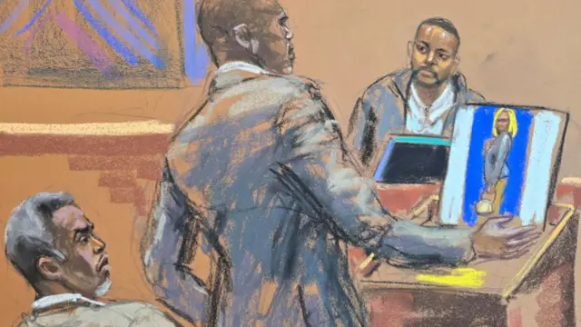 A court sketch of Diddy listening as lawyer Xavier Donaldson cross examines Deonte Nash