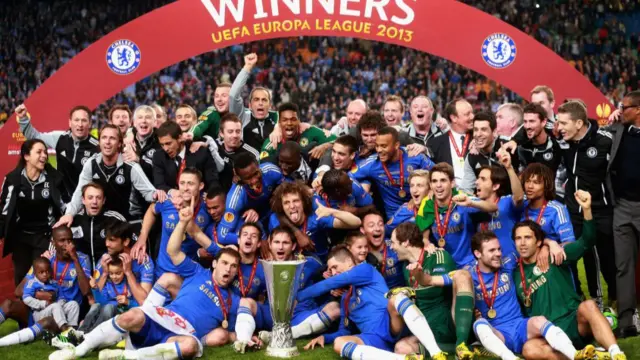 Chelsea pose with the Europa League trophy after winning the 2013 final