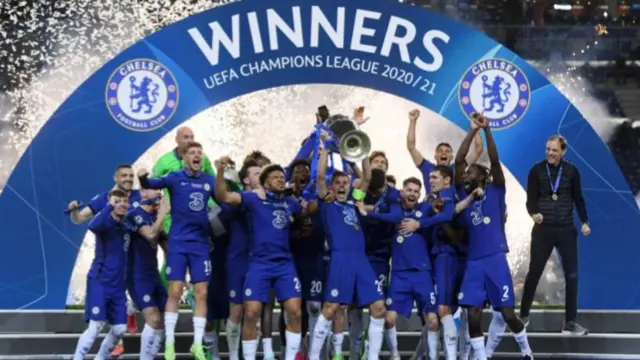 Chelsea lift the Champions League trophy after winning the 2021 final