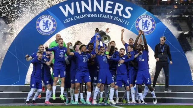 Chelsea lift the Champions League trophy after winning the 2021 final