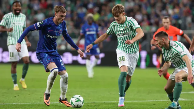 Cole Palmer runs at the Real Betis defence during the 2025 Conference League final