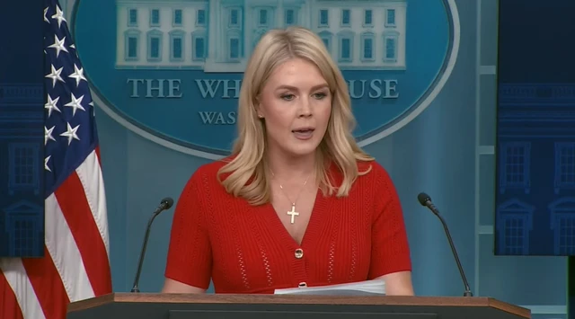 Karoline Leavitt speaks from the press briefing room