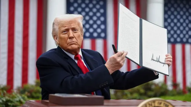 Donald Trump holds tariff signed document in Rose Garden