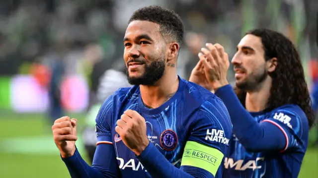 Reece James celebrates Chelsea winning the 2025 Conference League final