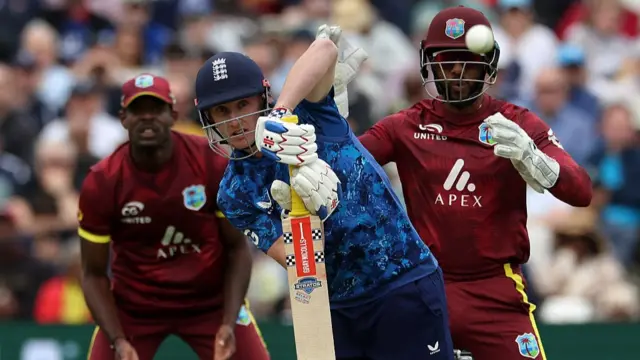 Harry Brook plays a shot during the first one day international