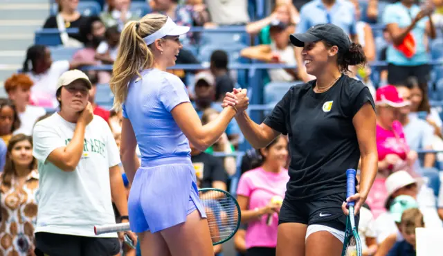 Katie Boulter and Madison Keys embrace at the 2024 US Open