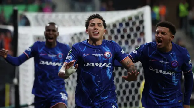 Enzo Fernandez celebrates scoring for Chelsea in the Conference League final