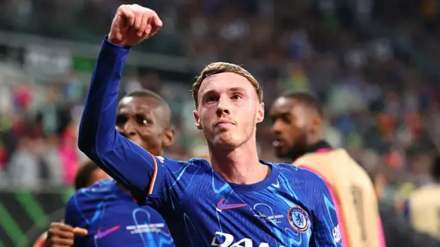 Cole Palmer celebrates after Chelsea win the 2025 Conference League final