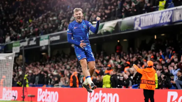 Kiernan Dewsbury-Hall celebrates scoring for Chelsea against Shamrock Rovers