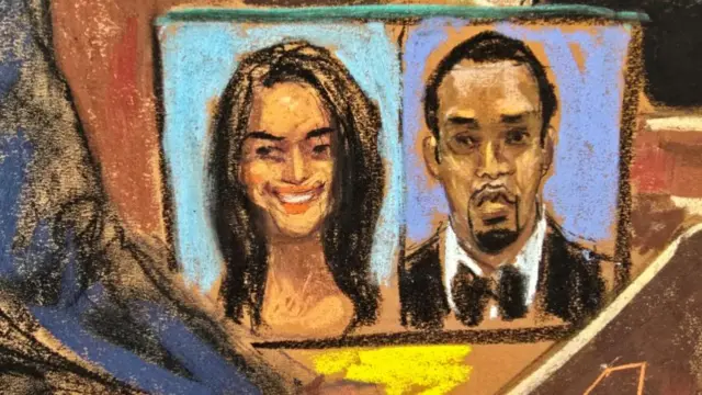 A court sketch of the prosecutor holding a photo of Cassie, next to a photo of Diddy