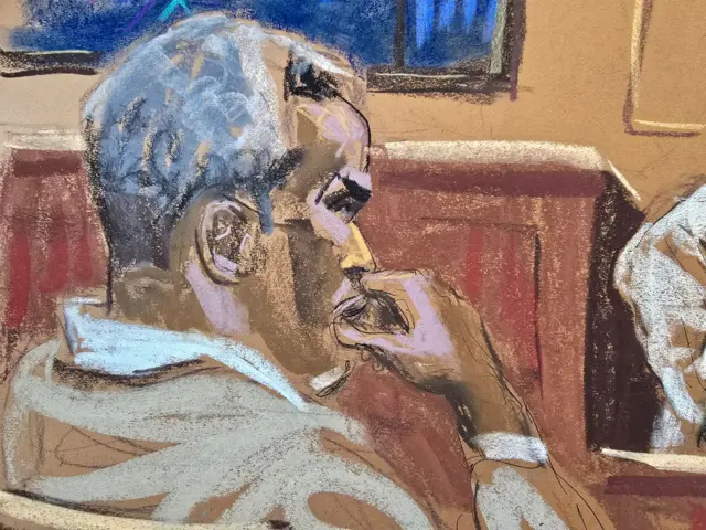 Combs with his hand to his mouth in a court sketch of today's testimony