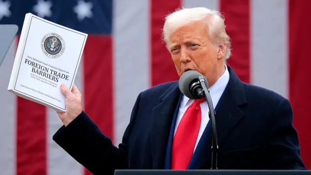 Donald Trump in heavy black winter coat, white shirt and red tie holds up a white folder titled Foreign Trade Barriers as he stands on stage in front of a large American flag