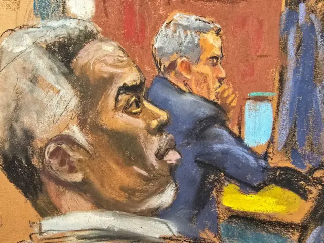 Diddy watching Mia give her testimony in court, with a straight face