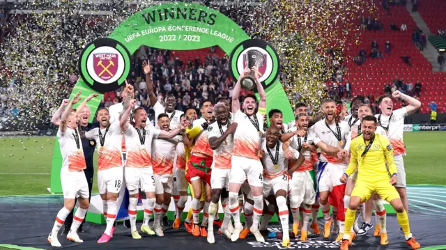 West Ham lift the Conference League trophy in 2023