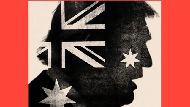 Image of Trump's side profile with the stars and stripes of the Australian flag
