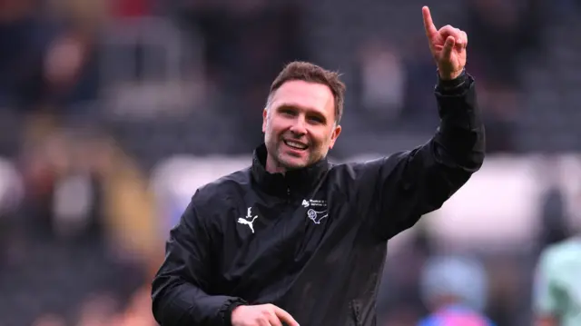 Derby boss John Eustaces celebrates the 1-0 win at Hull City last weekend