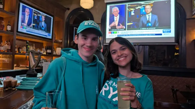 Henry Moore (L) and Isabel Catterall (R) wearing green hoodies and caps supporting Independent candidate Monique Ryan